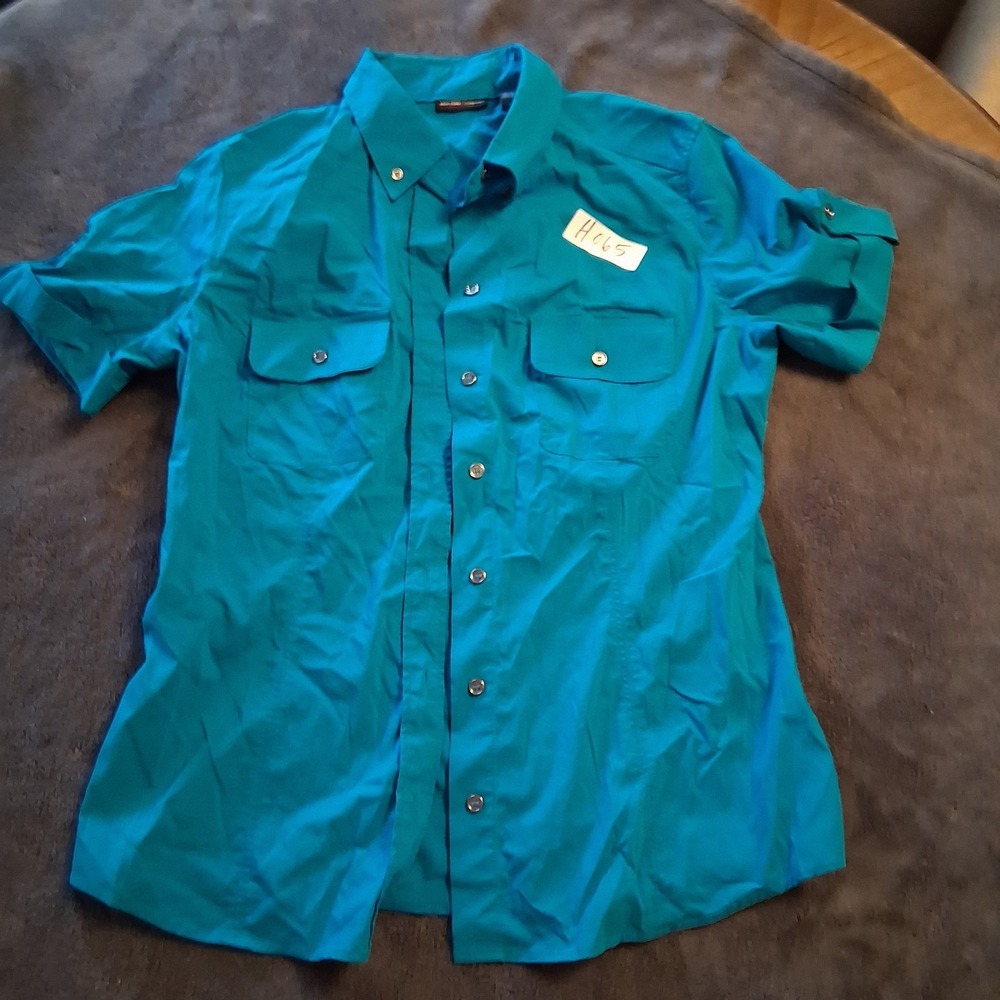 New York Company Stretch Button Down Shirt Women Teal L Short Sleeve Office Work